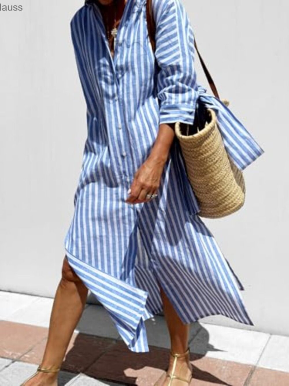 Women's Maxi Shirt Dress 3/4 Sleeve Button Down Belted Casual Vacation - Picture 2 of 6